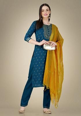 Blue Embroidered Cotton Magic Slub Salwar Kameez With Dupatta