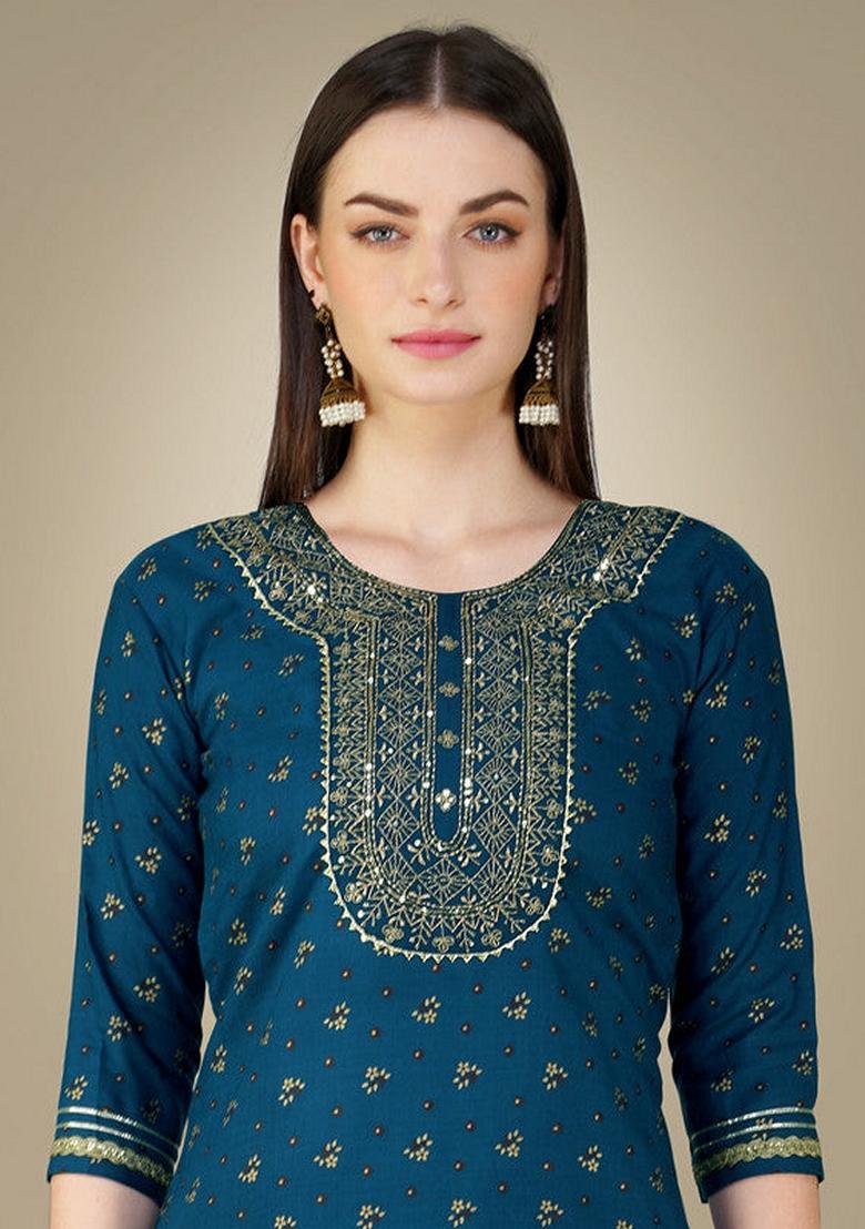 Blue Embroidered Cotton Magic Slub Salwar Kameez With Dupatta