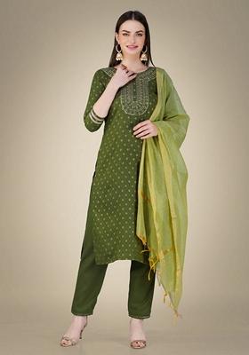Green Embroidered Cotton Magic Slub Salwar Kameez With Dupatta