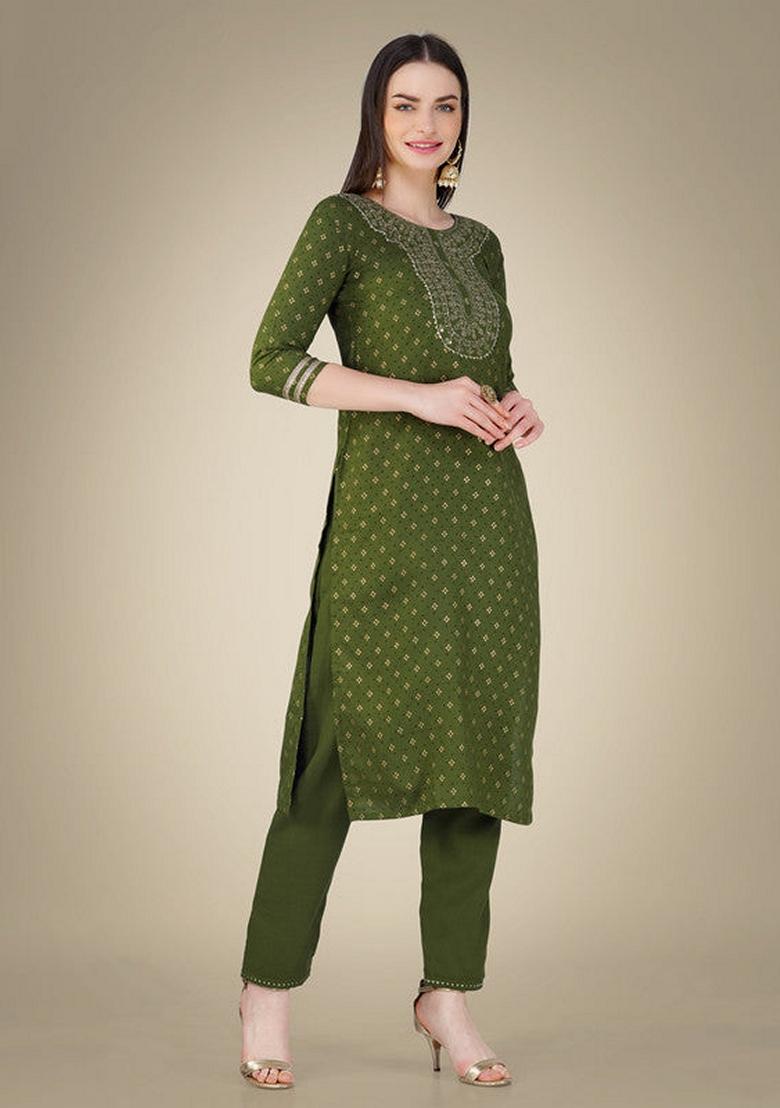 Green Embroidered Cotton Magic Slub Salwar Kameez With Dupatta