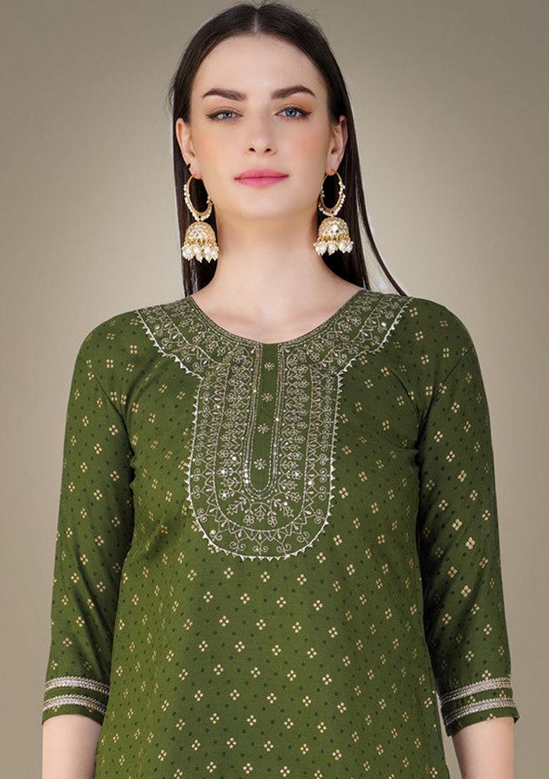 Green Embroidered Cotton Magic Slub Salwar Kameez With Dupatta
