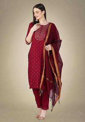 Maroon Embroidered Cotton Magic Slub Salwar Kameez With Dupatta