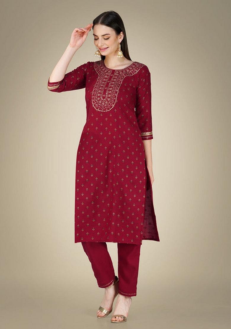 Maroon Embroidered Cotton Magic Slub Salwar Kameez With Dupatta