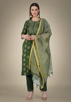 Dark Green Embroidered Cotton Magic Slub Salwar Kameez With Dupatta