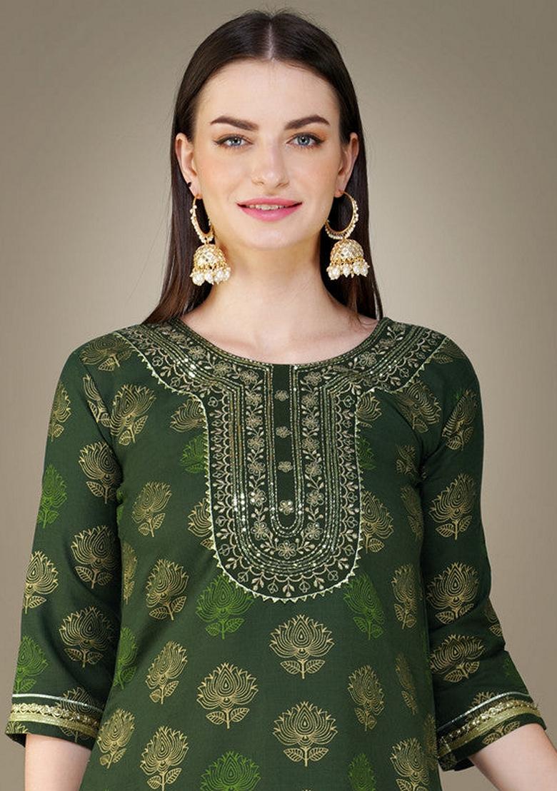 Dark Green Embroidered Cotton Magic Slub Salwar Kameez With Dupatta