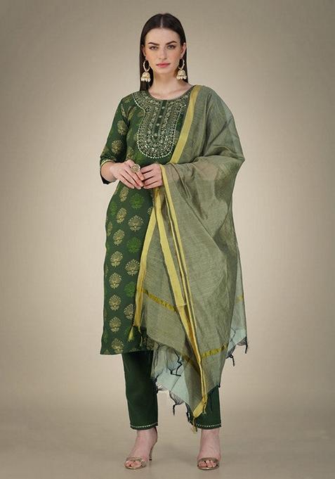 Dark Green Embroidered Cotton Magic Slub Salwar Kameez With Dupatta