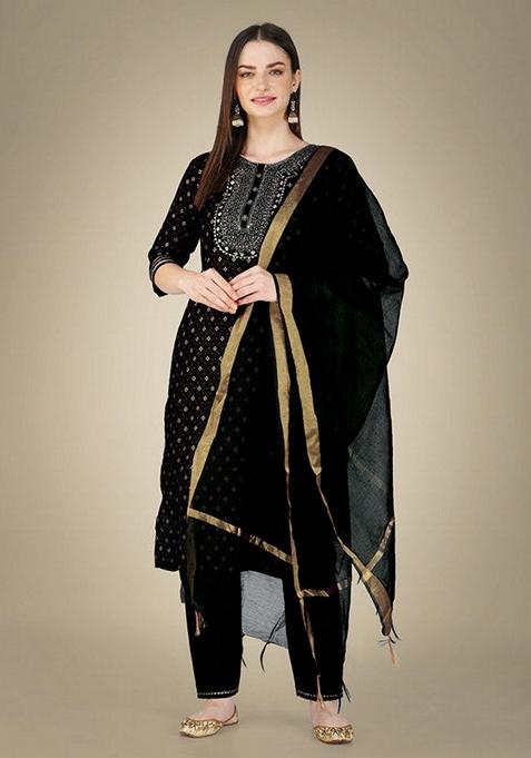 Black Embroidered Cotton Magic Slub Salwar Kameez With Dupatta