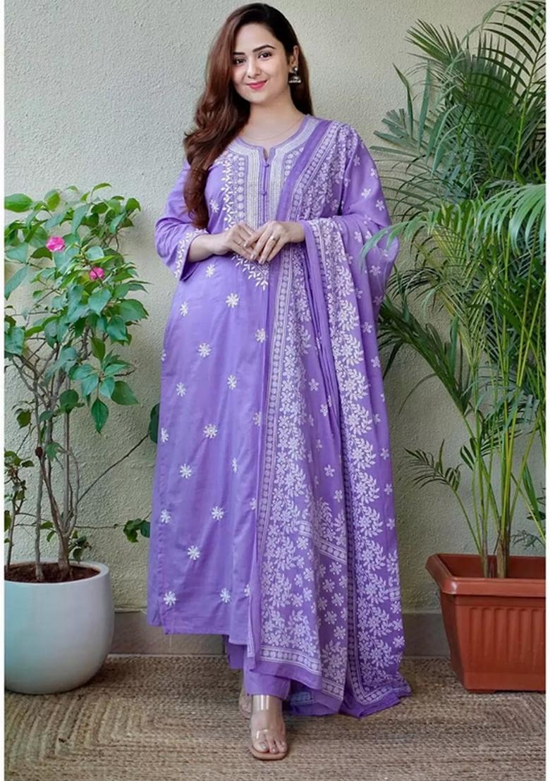 Lavender Embroidered Viscose Salwar Kameez With Dupatta