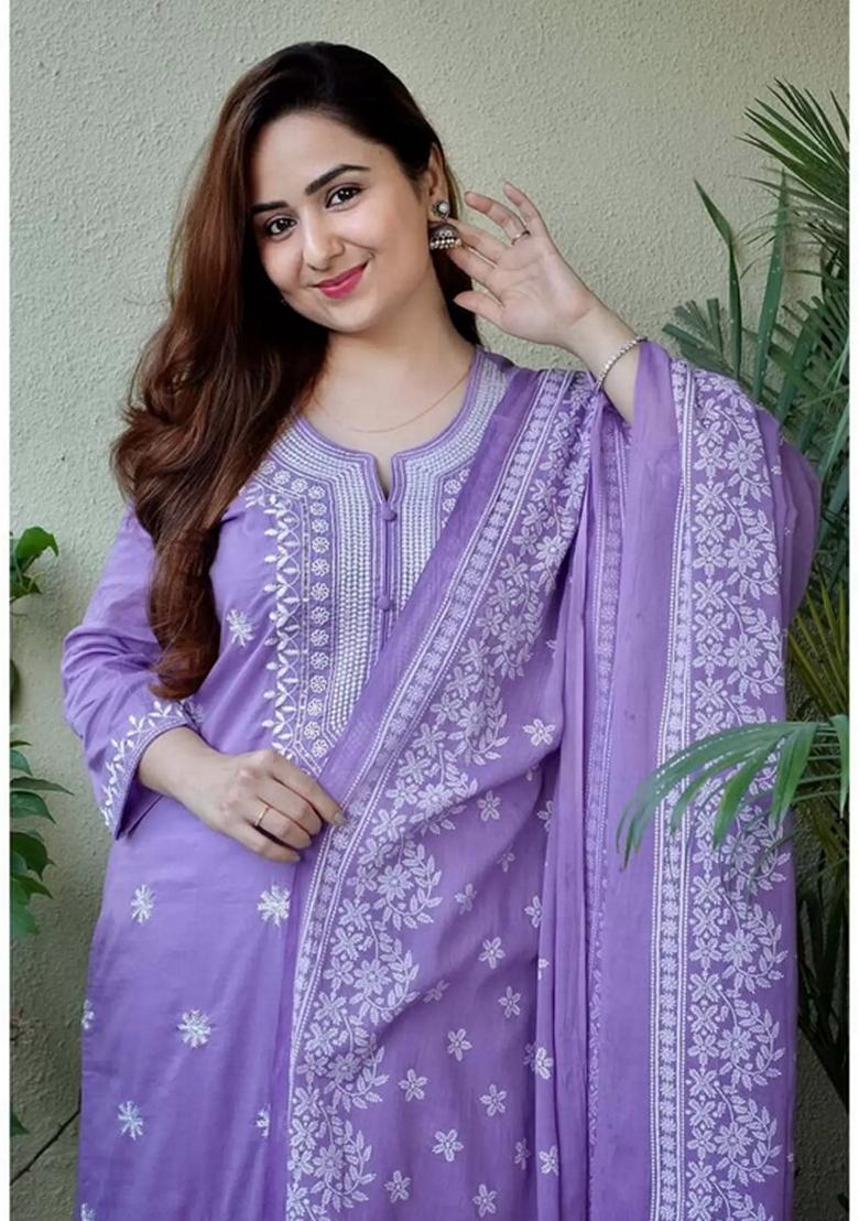Lavender Embroidered Viscose Salwar Kameez With Dupatta