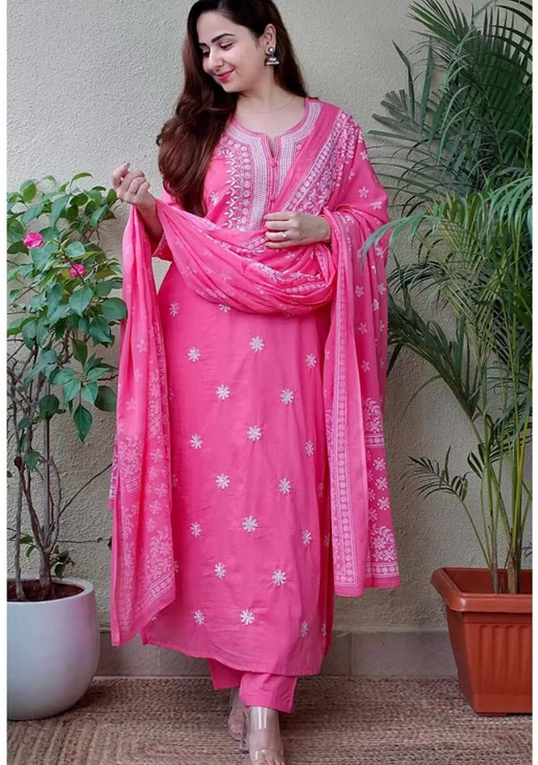Pink Embroidered Viscose Salwar Kameez With Dupatta