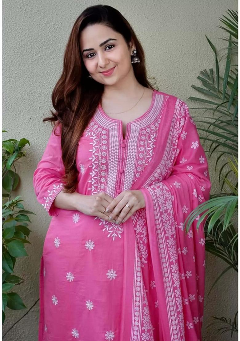 Pink Embroidered Viscose Salwar Kameez With Dupatta