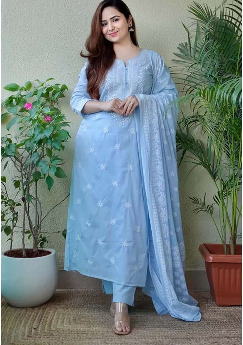 Sky Blue Chikankari Viscose Straight Kurta Set - Indya