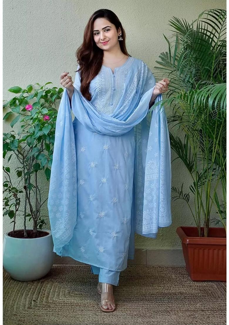 Sky Blue Embroidered Viscose Salwar Kameez With Dupatta