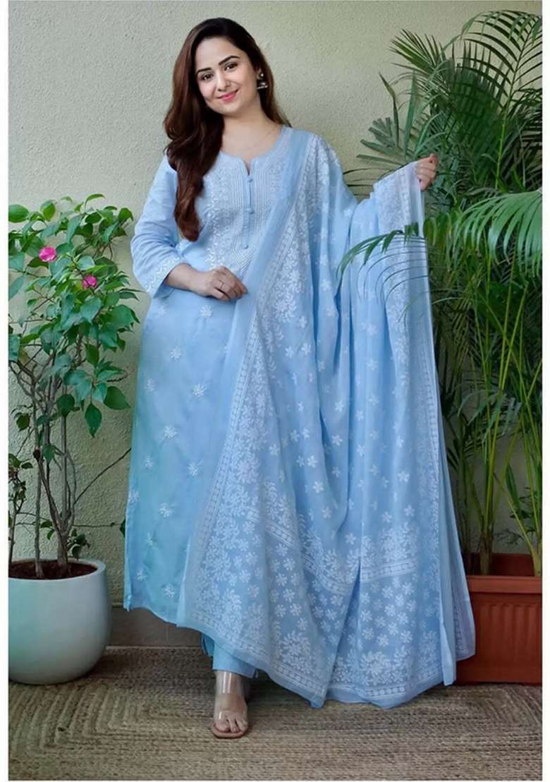 Sky Blue Chikankari Viscose Straight Kurta Set - Indya