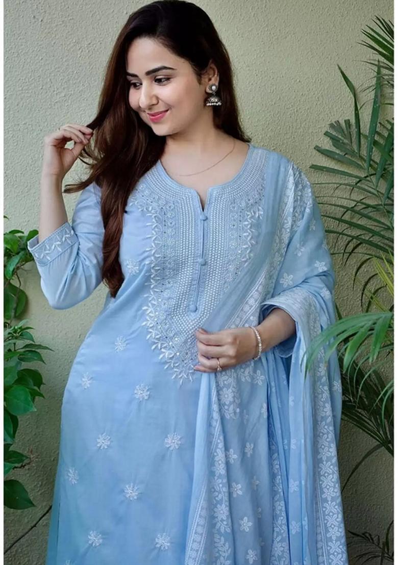 Sky Blue Embroidered Viscose Salwar Kameez With Dupatta