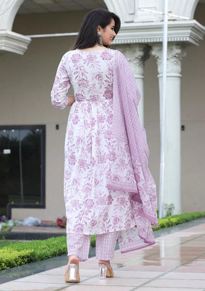 White Printed Viscose Salwar Kameez With Dupatta