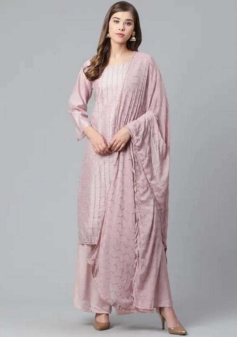 Blush Pink Embroidered Viscose Salwar Kameez With Dupatta - Indya
