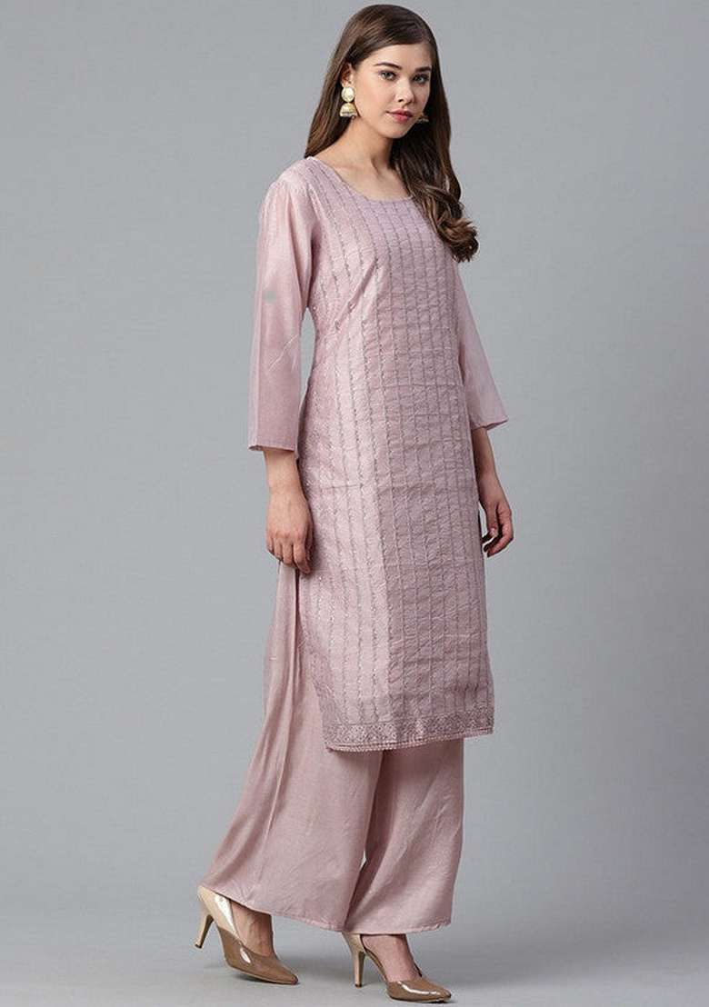 Blush Pink Embroidered Viscose Salwar Kameez With Dupatta - Indya
