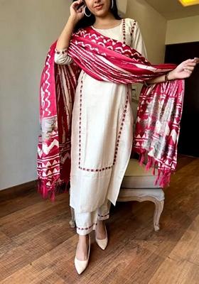 Red Embroidered Pure Cotton Salwar Kameez With Dupatta