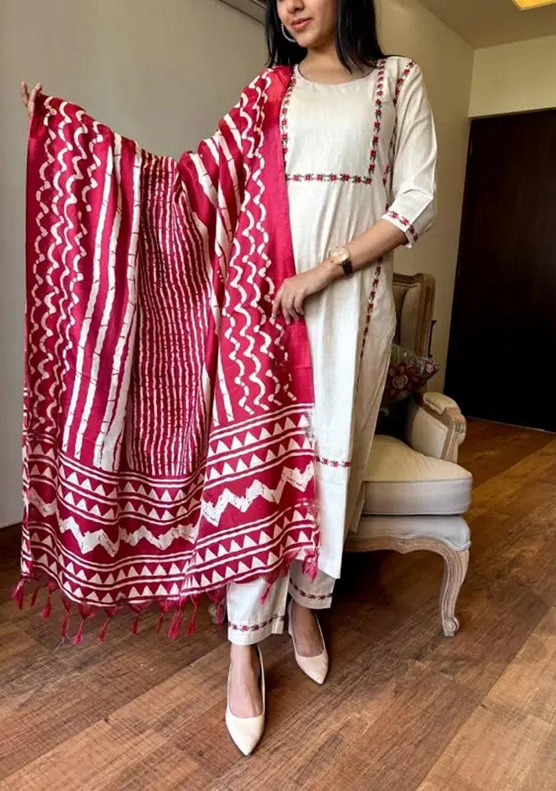 Red Embroidered Pure Cotton Salwar Kameez With Dupatta