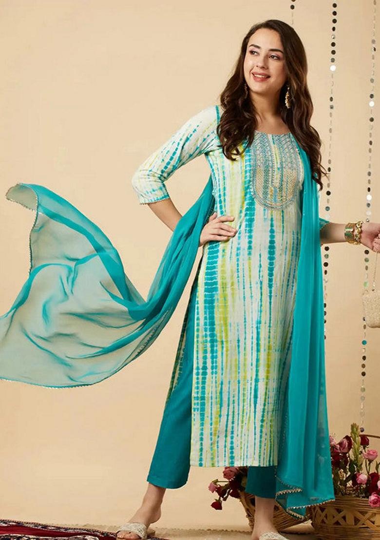 Sky Blue Embroidered Viscose Salwar Kameez With Dupatta
