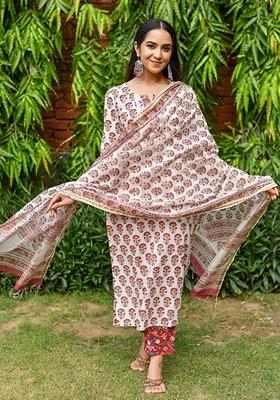 Red Printed Cotton Salwar Kameez With Dupatta