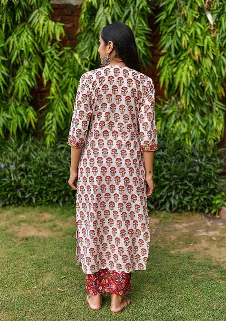 Red Printed Cotton Salwar Kameez With Dupatta