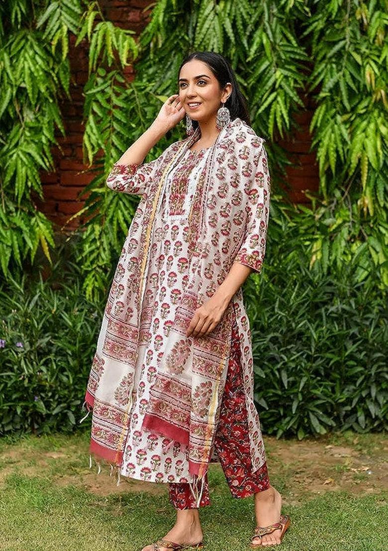 Red Printed Cotton Salwar Kameez With Dupatta