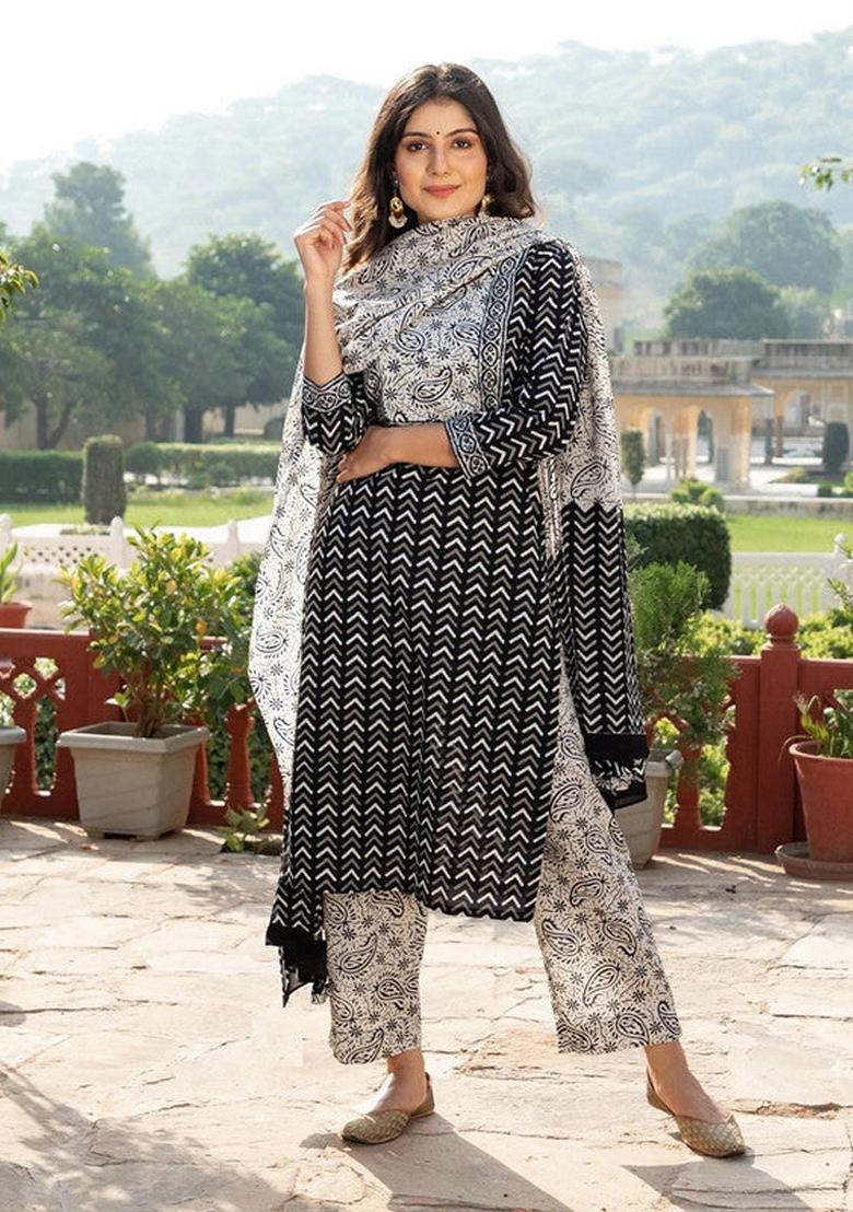 Black Printed Cotton Salwar Kameez With Dupatta