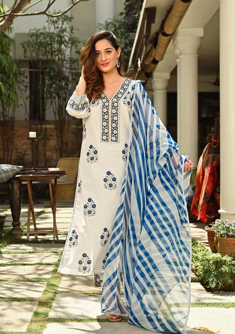 White Printed Cotton Salwar Kameez With Dupatta