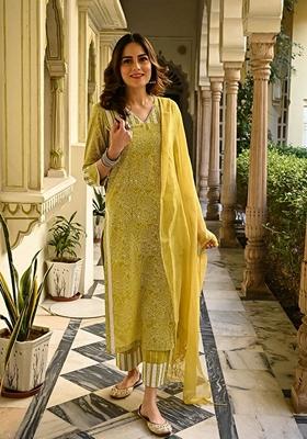 Mustard Yellow Printed Cotton Salwar Kameez With Dupatta