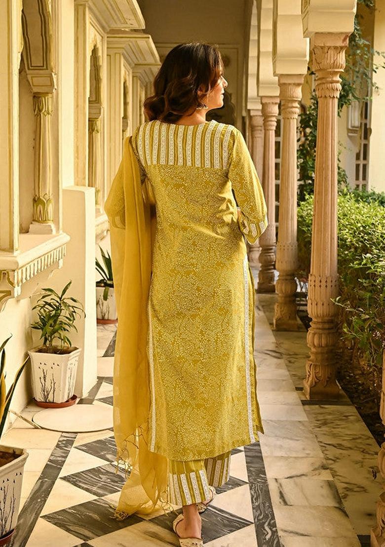 Mustard Yellow Printed Cotton Salwar Kameez With Dupatta