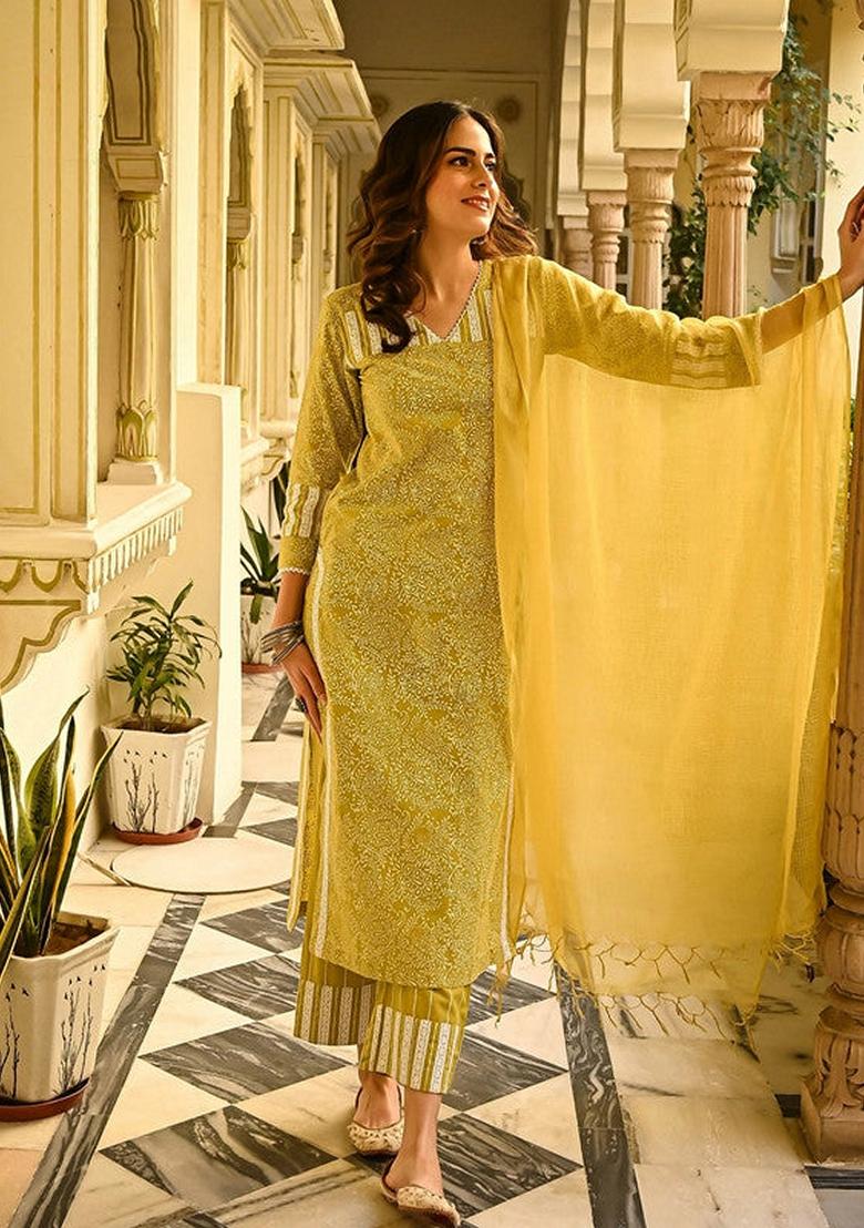 Mustard Yellow Printed Cotton Salwar Kameez With Dupatta