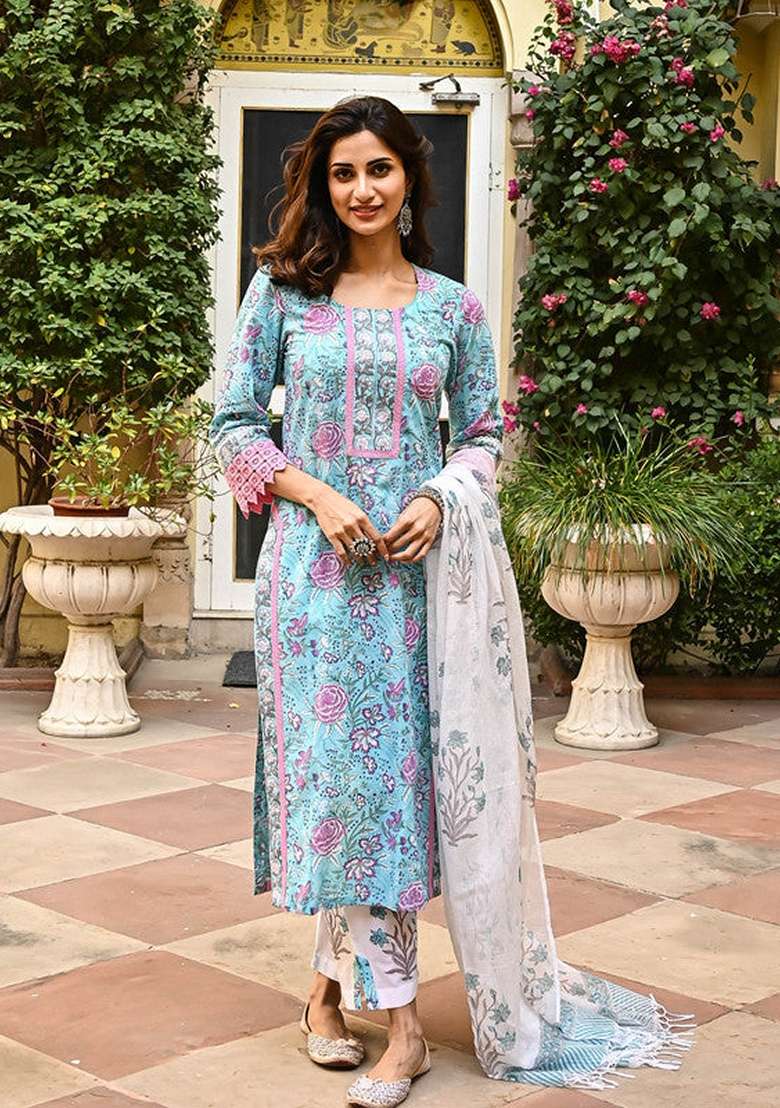 Sky-Blue Embroidered Cotton Straight Kurta Set - Indya
