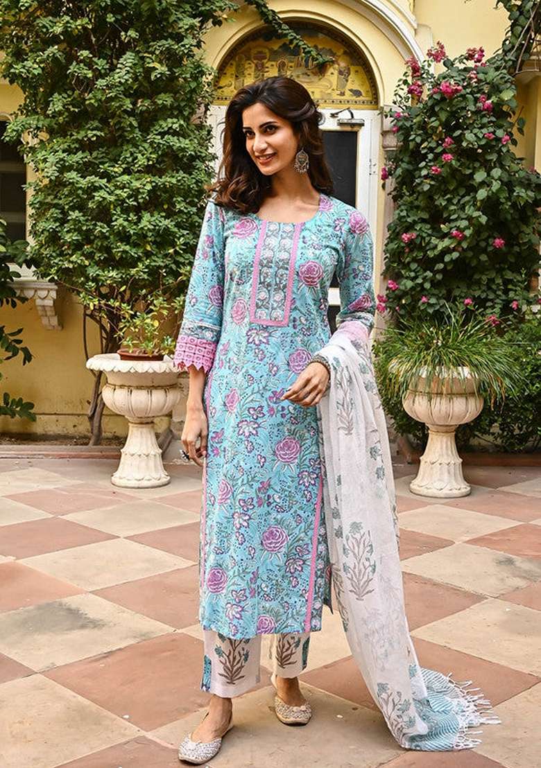 Sky-Blue Embroidered Cotton Straight Kurta Set - Indya