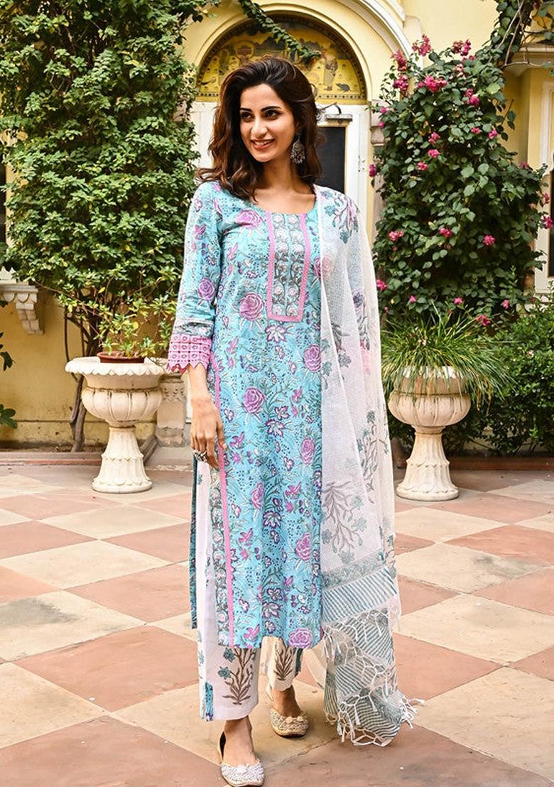 Sky-Blue Printed Cotton Salwar Kameez With Dupatta