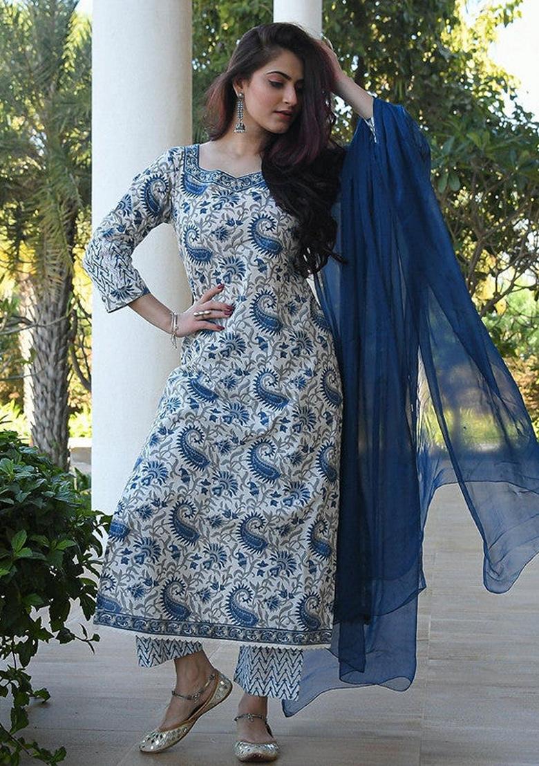 White Printed Cotton Salwar Kameez With Dupatta
