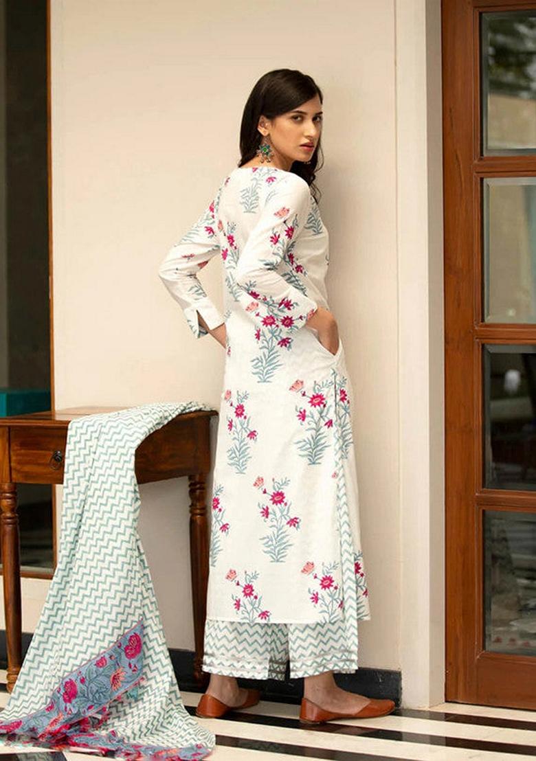 White Printed Cotton Palazzo Set With Dupatta
