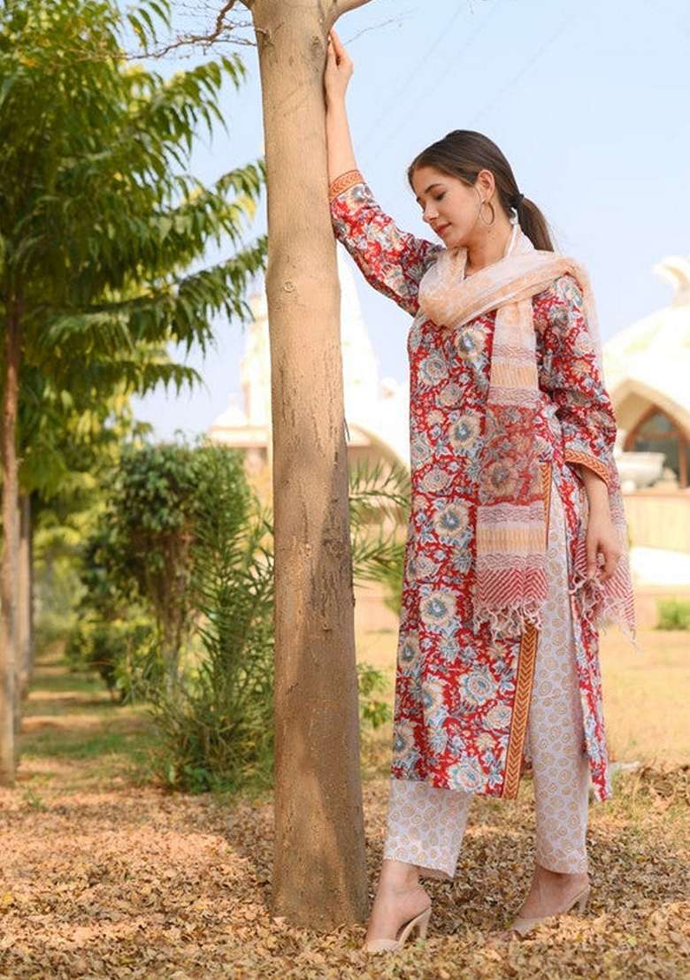 Red Floral Print Cotton Pakistani Suit Set - Indya