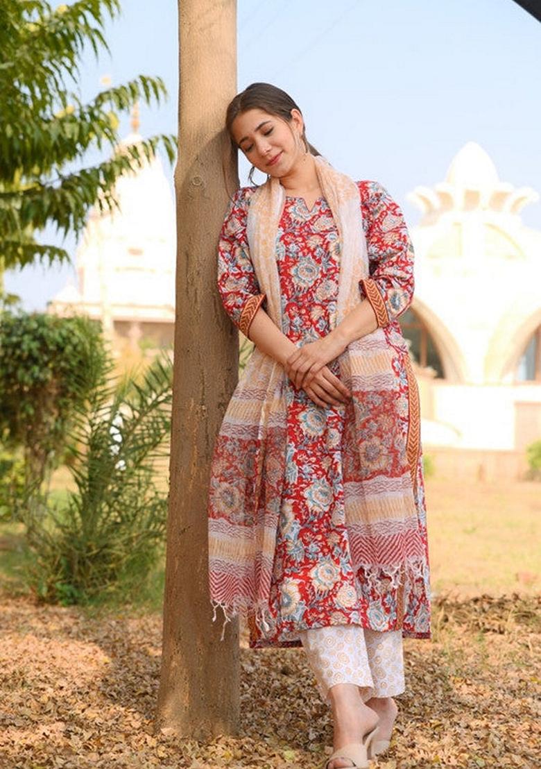 Red Printed Cotton Salwar Kameez With Dupatta