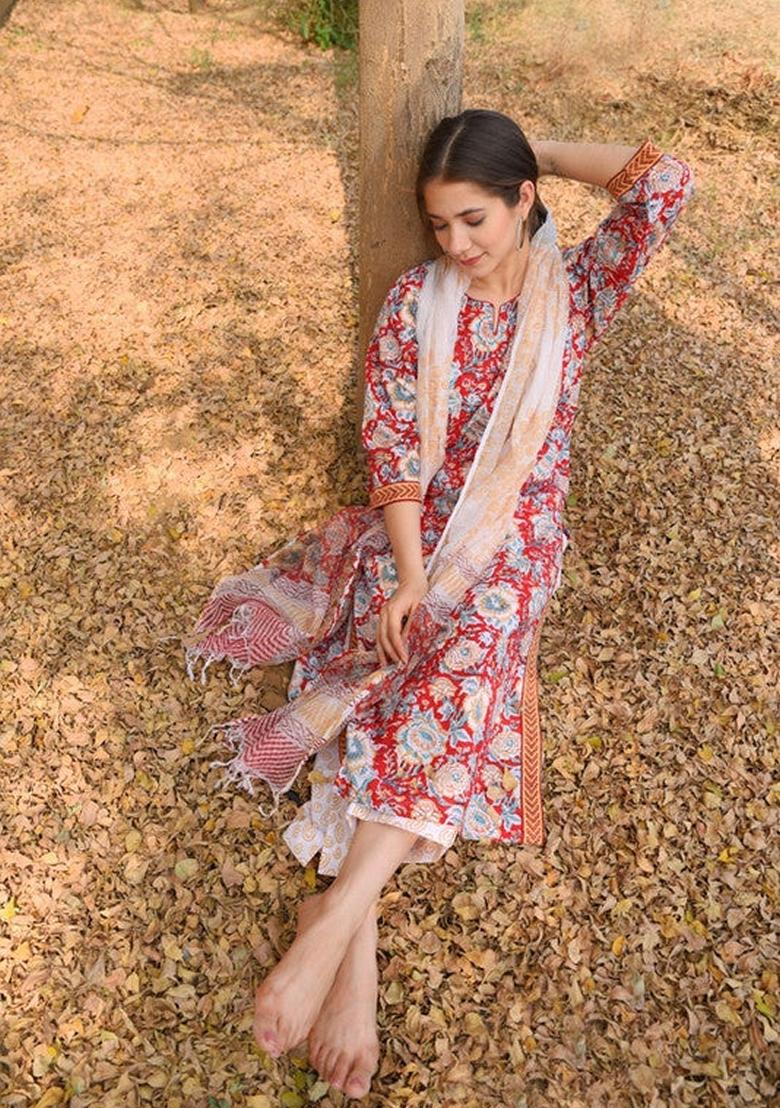 Red Printed Cotton Salwar Kameez With Dupatta