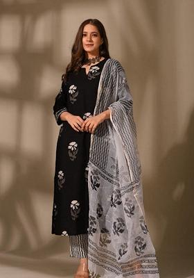 Black Printed Cotton Salwar Kameez With Dupatta