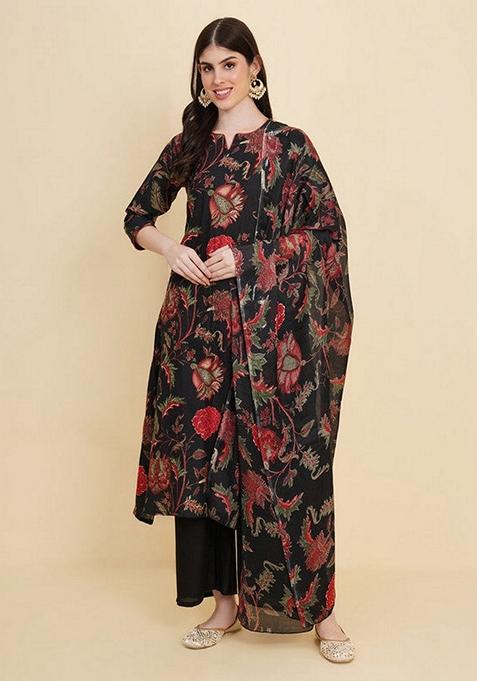 Blue Printed Cotton Palazzo Set With Dupatta