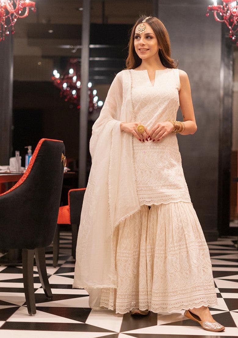 White Embroidered Cotton Sharara Set With Dupatta