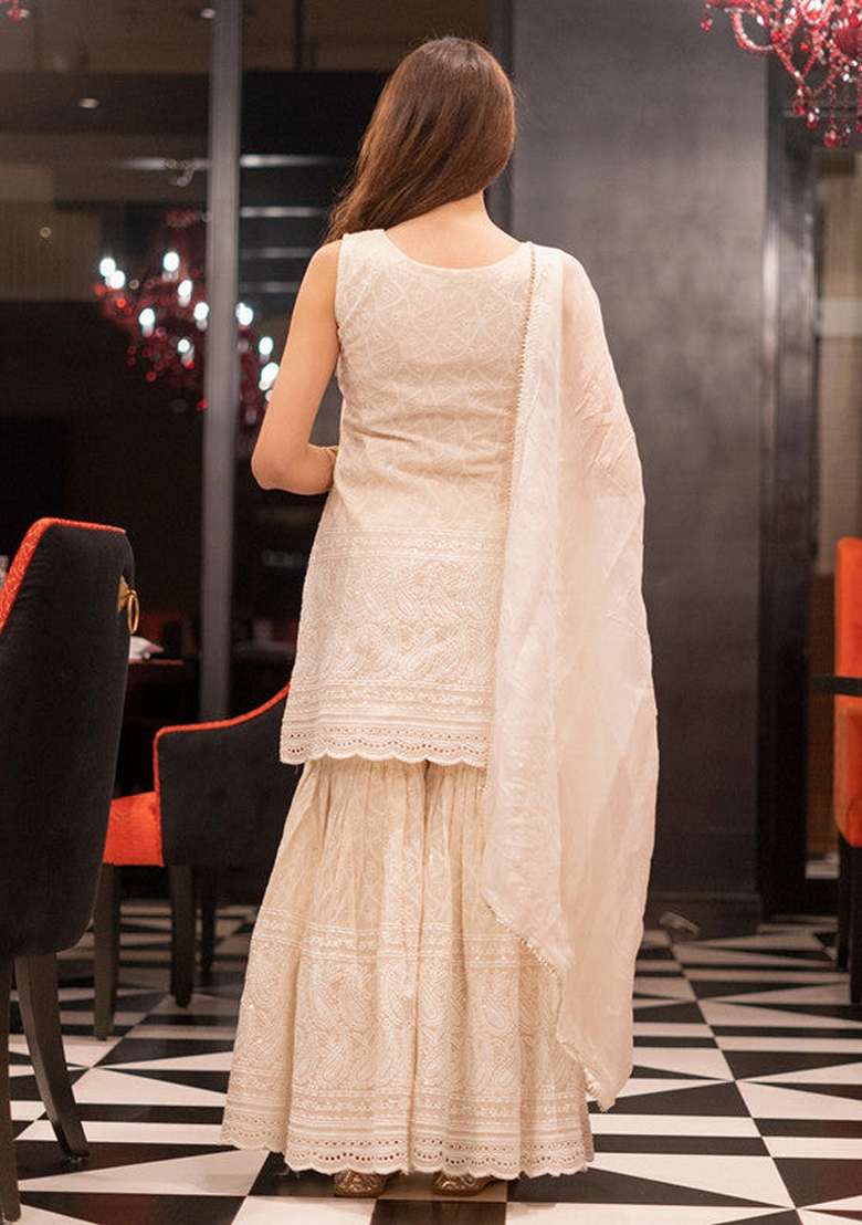 White Chikankari Cotton Sharara Set - Indya