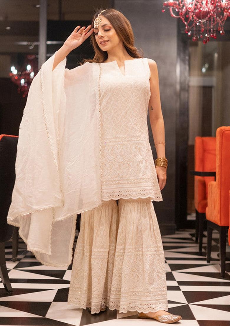 White Embroidered Cotton Sharara Set With Dupatta