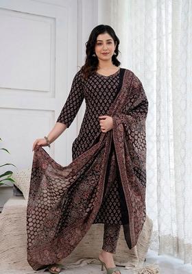 Black Printed Pure Cotton Salwar Kameez With Dupatta