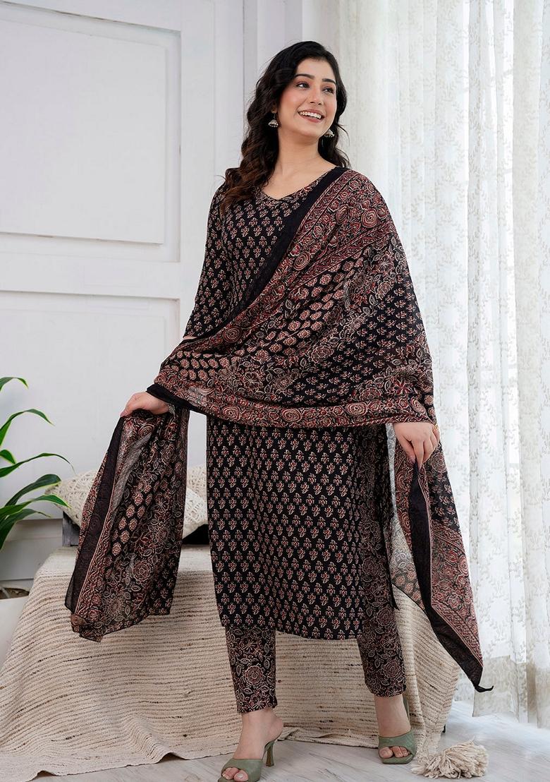 Black Printed Pure Cotton Salwar Kameez With Dupatta