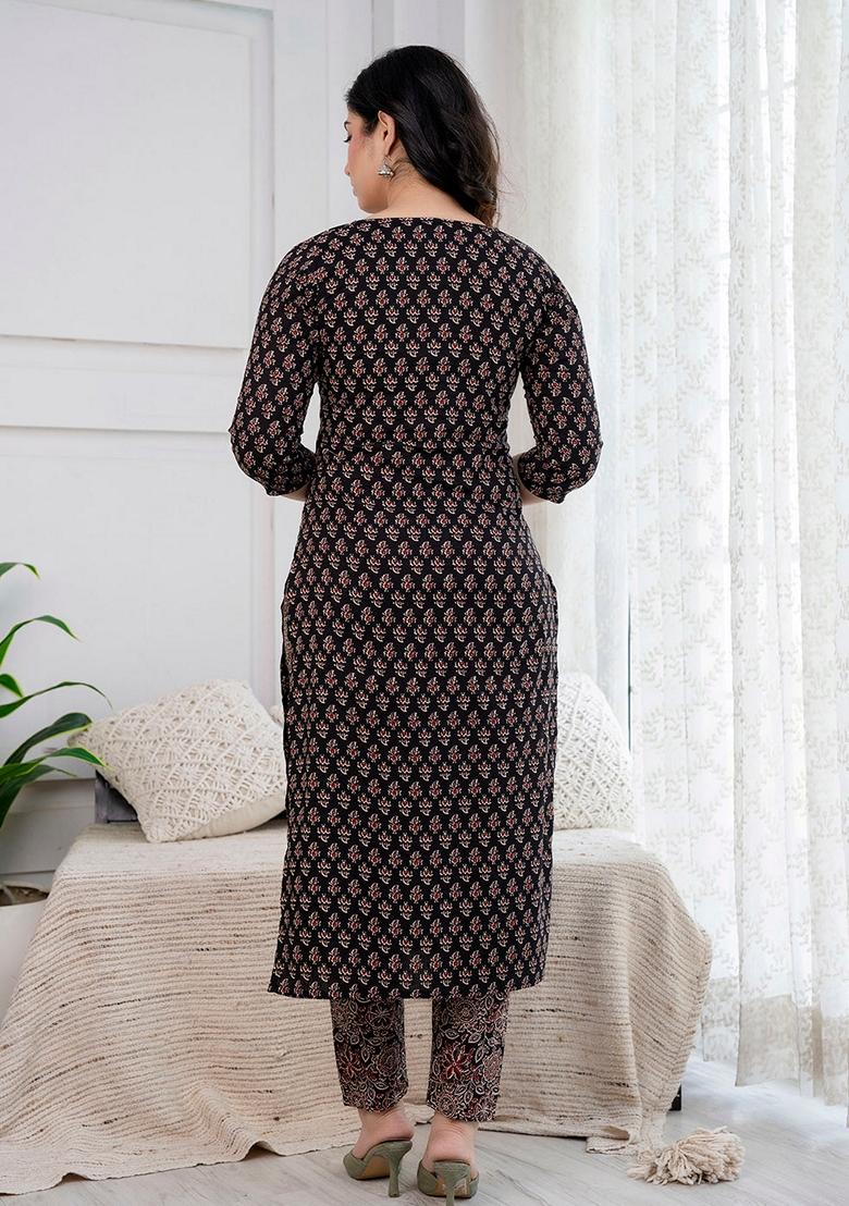 Black Printed Pure Cotton Salwar Kameez With Dupatta