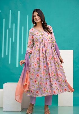 Lavender Printed Pure Cotton Anarkali Set With Dupatta